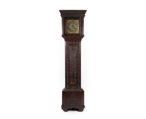 A Carved Oak Thirty Hour Single-Handed Longcase Clock, signed Weatherad, K.Londal, 18th century, flat top pediment, carved fl