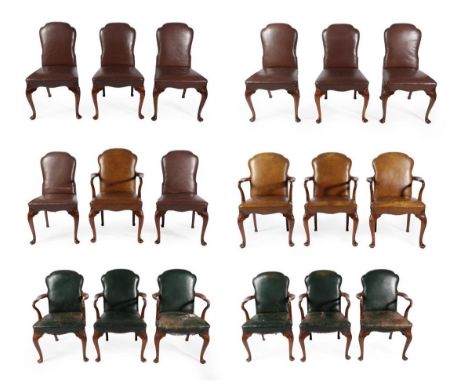 A Matched Set of Eighteen 1920's Queen Anne Style Dining Chairs, including ten carvers, comprising six armchairs covered in w