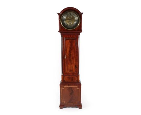 A Regency Style Eight Day Longcase Clock, circa 1890, arch pediment, nicely figured trunk door flanked by fluted inset pilast