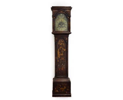 A Chinoiserie Eight Day Longcase Clock, signed Thos Carter, Bp Auckland, circa 1730, flat top pediment, side viewing windows,