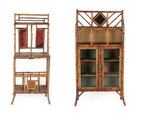 A Victorian Bamboo Display Cabinet, late 19th century, the superstructure centred by a lozenge shaped mirror with two heavily