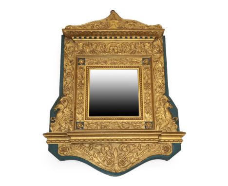 A Late 19th Century Continental Gilt and Gesso Wall Mirror, the later plate within a punch ground decorated frame with acanth