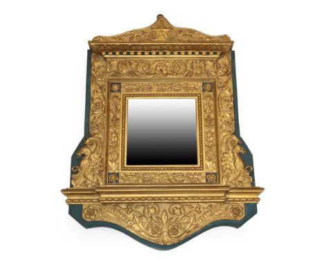 A Late 19th Century Continental Gilt and Gesso Wall Mirror, the later plate within a punch ground decorated frame with acanth