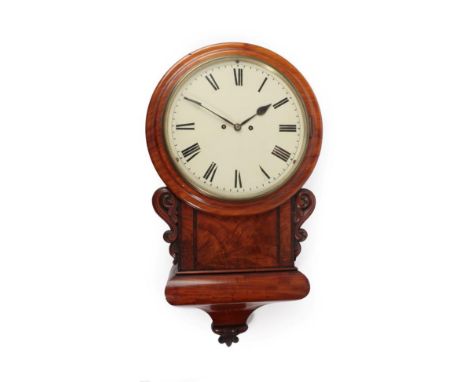 A Mahogany Drop Dial Striking Wall Clock, early 19th century, side doors, well figured trunk with scroll side ''ears'', waist