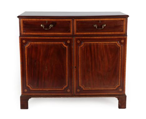 A Late George III Mahogany and Satinwood Banded Side Cabinet, early 19th century, with two deep drawers, the base with two mo