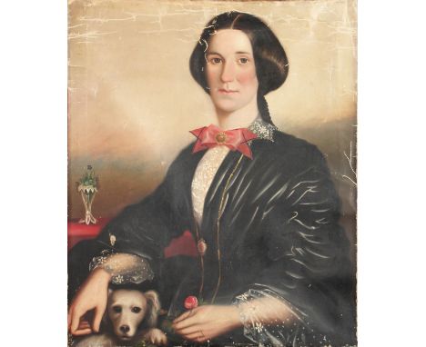19th Century, Possibly American School. Portrait of a Lady Holding a Flower with a Dog, Oil on Canvas. 30" x 25".