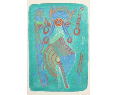 Australian Aboriginal School, Mid-20th Century. Dream Time Subject, Watercolour on Fabric, 20.5" x 14", Unframed.