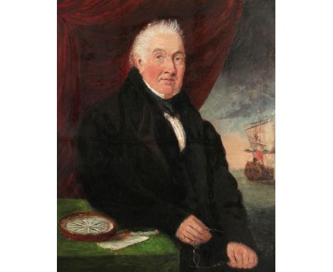 19th Century English School. Portrait of Naval Gentleman with a Compass and Vessel beyond, Oil on Canvas. 24" x 20".