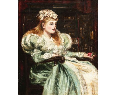English School. Portrait of a Young Lady holding Flowers, Oil on Canvas. 12" x 10".