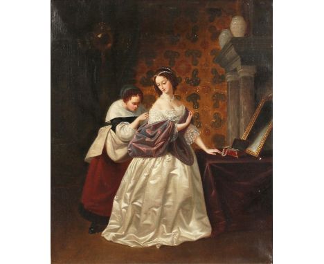 19th Century French School. Portrait of an Elegant Lady Dressing for a Ball, Oil on Canvas. 22" x 18.5".