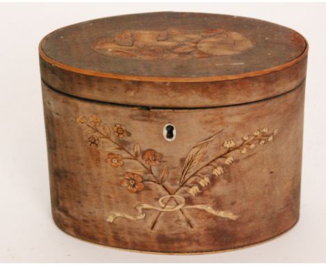 A George III marquetry inlaid tea caddy with shell and floral paterae, width 14.5cm, A/F.
