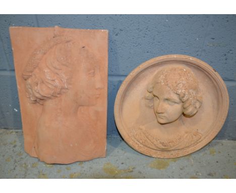 A contemporary terracotta relief moulded female portrait plaque of circular form, diameter 33cm, together with a similar rect