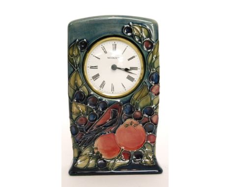 A Moorcroft Pottery mantel clock decorated in the Finches pattern designed by Sally Tuffin, impressed marks, height 15.5cm