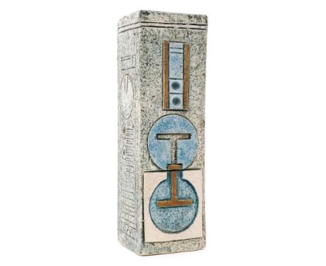 A Troika Pottery square vase decorated by Penny Black with textured and incised panels with painted detailing over the blue g