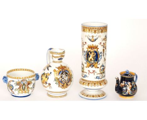 Three pieces of French Gien pottery comprising a tall cylindrical vase, a twin handled planter and a bulbous jug all decorate