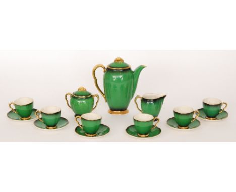 A 1930s Carlton Ware Art Deco Verte Royale Rita shape coffee set comprising coffee pot, milk jug, sugar bowl, six cups and si