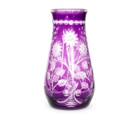 A 1930s Stevens & Williams crystal glass vase of tapering form in amethyst over clear intaglio cut and polished with flowers 