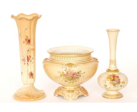 Three pieces of Royal Worcester blush ivory comprising a shape G1015 trumpet vase, a shape 1733 solifleur vase and a shape H1