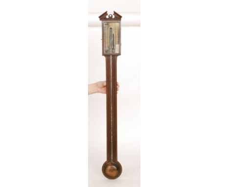 An early 19th Century chequer strung mahogany stick barometer, the brass scale inscribed Furcone Manchester, enclosed by a gl