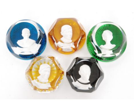 A group of five 20th Century Baccarat glass paperweights each with a central sulphide portrait, comprising The Duke of Edinbu