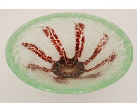 A 1930s WMF Ikora glass bowl of footed flared form, decorated with mottled red columns and green rim within a fissured opal g