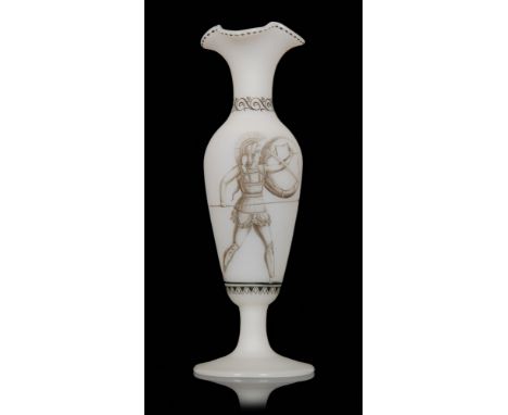 A 19th Century Richardsons vase of footed baluster form to a quatrefoil neck with a vitrified enamelled scene of a Greek hopl