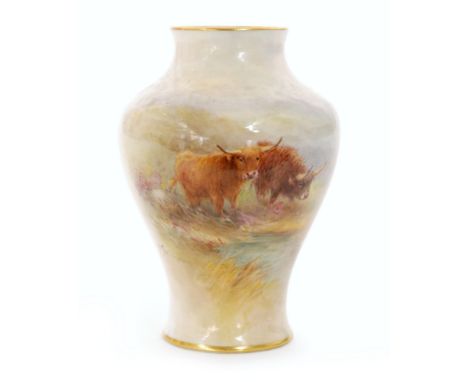 A small Royal Worcester vase of inverted baluster form, panel decorated by H. Stinton with a hand painted scene of Highland c