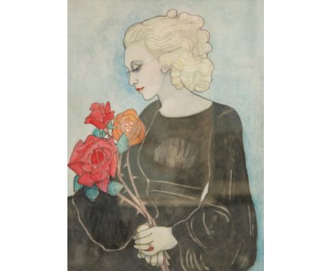ENGLISH SCHOOL (CIRCA 1930) - Portrait of a lady holding a spray of roses, watercolour, bears label verso inscribed 'Miss Fra