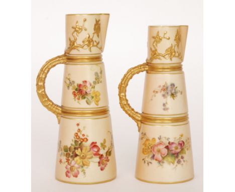 Two Royal Worcester shape 1047 tapering jugs each decorated with hand enamelled sprays of flowers and foliage against a blush