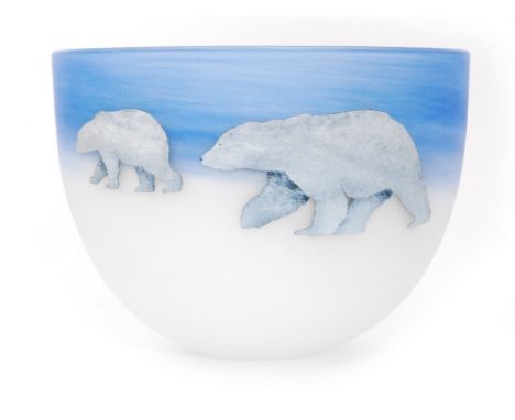 A late 20th Century Malcolm Sutcliffe studio cameo glass bowl cased in mottled opal and cut with polar bears in relief over a