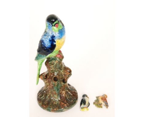 A Royal Worcester Crown Works flower frog modelled as a parakeet perched on a rocky pedestal, green printed mark, height 23cm