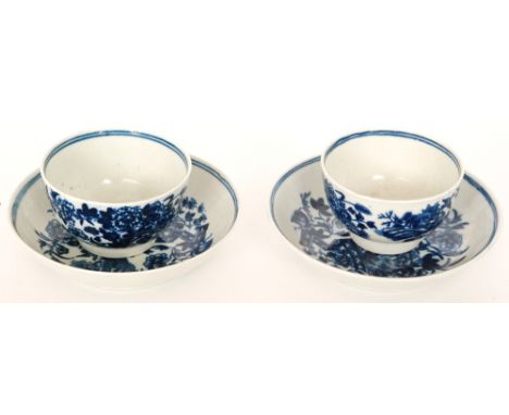 Two late 18th Century Worcester teabowls and saucers decorated in the blue and white Fence pattern, all with crescent marks, 