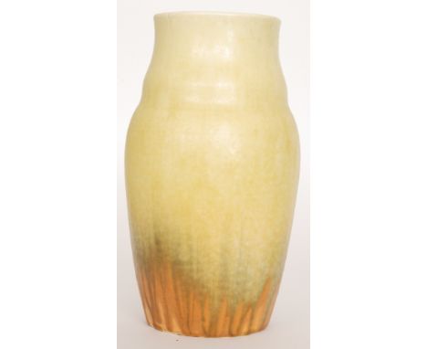 A large Ruskin Pottery crystalline glaze vase decorated in a pale yellow with green dribbling leading to an orange lower, imp