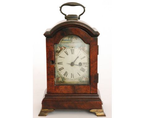 A 19th Century mahogany cased miniature bracket clock with painted arch dial and spring driven movement on bracket feet, heig