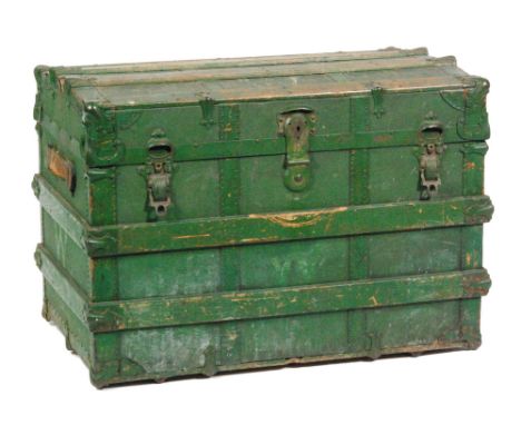 A late 19th to early 20th Century dome topped wooden bound canvas steamer or cabin trunk, in a green painted finish, S/D.
