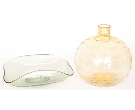 A 1930s Whitefriars glass bowl designed by James Hogan in Sea Green, pattern 9169, of footed rectangular form with folded sid