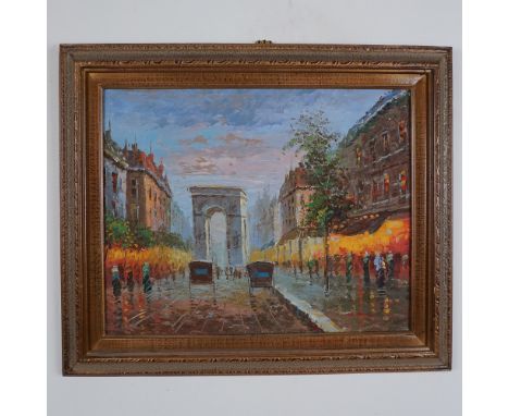 This captivating oil on canvas painting by W. Matthews depicts a bustling Parisian street scene featuring the iconic Arc de T