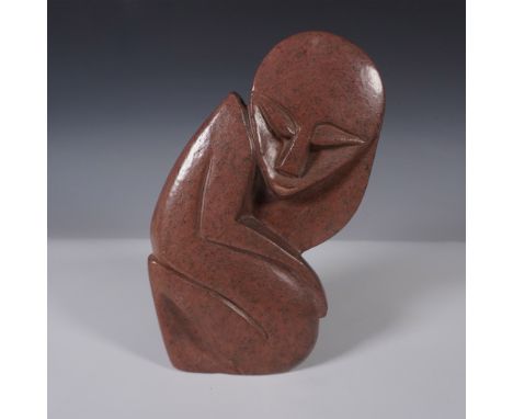 A hand-carved Shona stone sculpture from Zimbabwe, featuring a modernist abstract form with fluid lines and a contemplative p