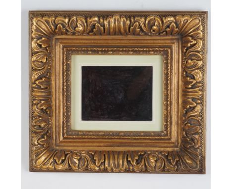 A striking black on black abstract artwork framed in an ornate gilded Rococo-style frame, adding elegance to the minimalist c