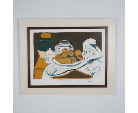 This vibrant still life linen on board painting by artist Faveu showcases a beautifully arranged composition of fruits, ceram