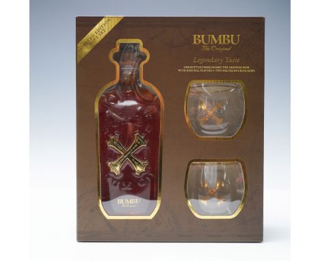This limited edition Bumbu The Original Rum gift set includes a 750ml bottle, 35% ABV of Bumbu Caribbean rum and two deluxe b