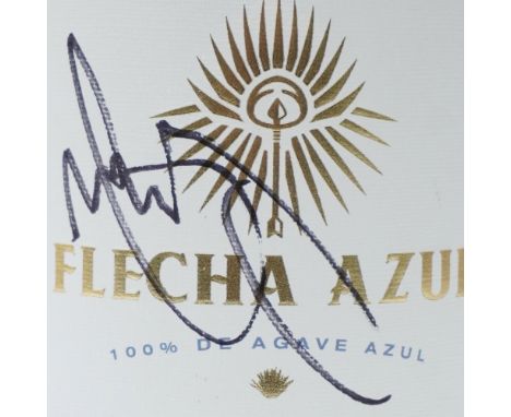 Sealed bottle of Flecha Azul Tequila Blanco, autographed by actor and businessman Mark Wahlberg, who joined the Flecha Azul T