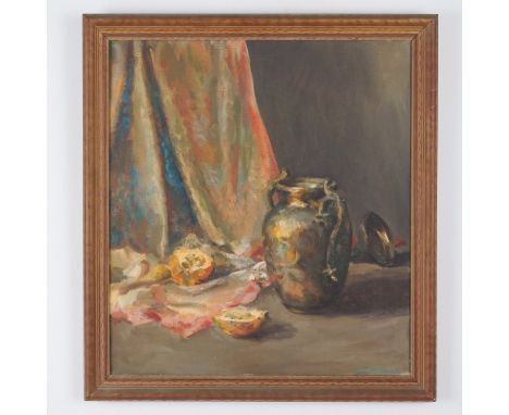 This oil-on-canvas still life painting by Palm Beach artist Annette Krauss Rose features a vibrant composition of a metallic 