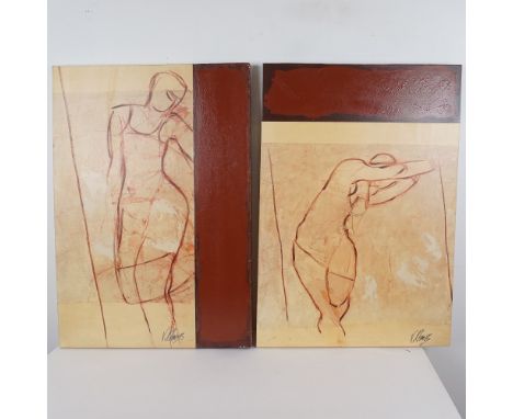 A compelling pair of hand-embellished giclees on canvas by Victor Klauss, showcasing his signature figurative and abstract st