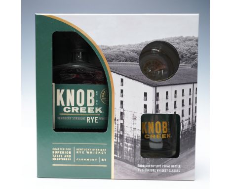 This set includes a sealed 750mL bottle of Knob Creek Kentucky Straight Rye Whiskey along with two signature whiskey glasses.