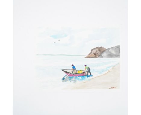 This original watercolor painting by Charles Kontos (20th Century, American) depicts two fishermen launching a small wooden b