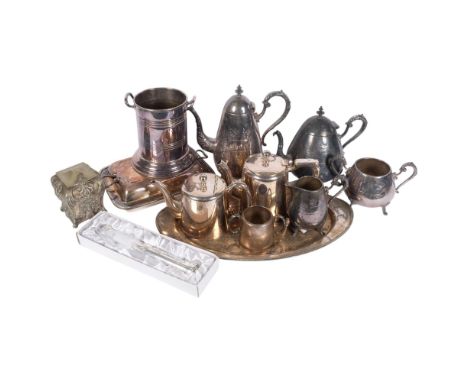 Various silver plate, including 4-piece tea set, tea caddy, tray, etc