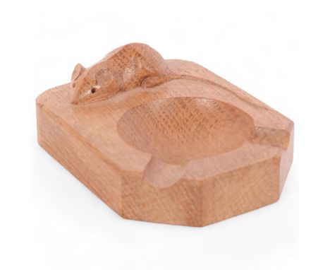 ROBERT MOUSEMAN THOMPSON - a rectangular oak ashtray, with canted corners and relief carved mouse, L10cm