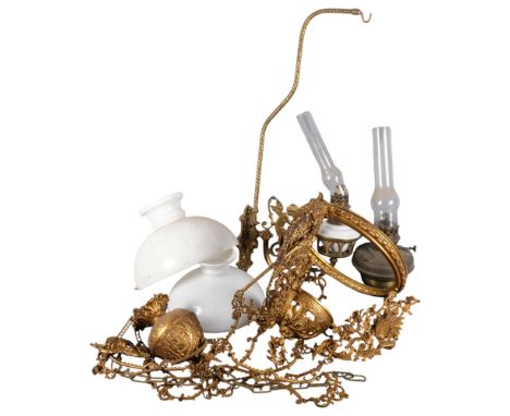Ornate hanging gilt-metal oil lamp, with milk glass shade, diameter 32cm