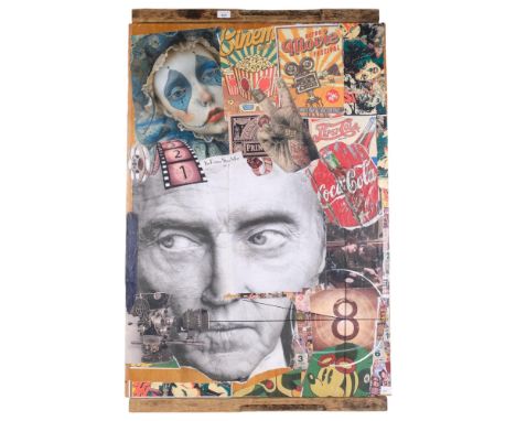 Clive Fredriksson, a large mixed media study, decoupage style, various film and advertising stars and brands, in driftwood bo